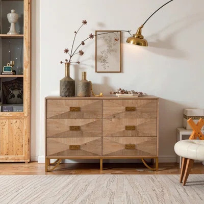 47.24" Light Wood Geometric 6-Drawer Dresser with Gold Metal Legs - Modern Storage for Bedroom & Living Room | Wayfair North America