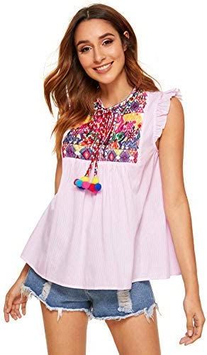 Floerns Women's Ruffle Striped Mexican Embroidered Babydoll Blouse Top | Amazon (US)