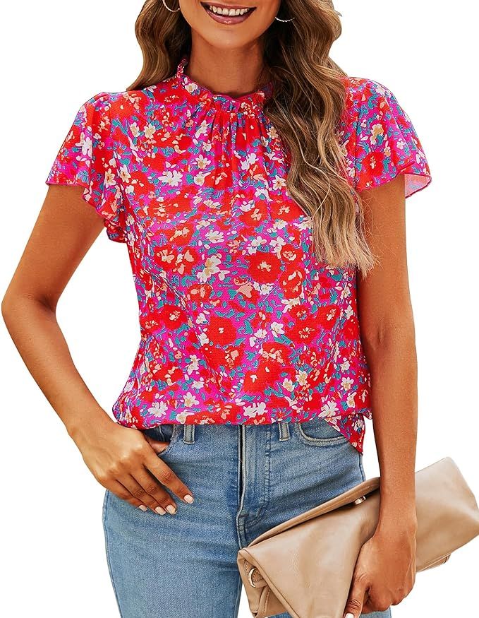 SimpleFun Women Boho Shirts Floral Ruffle Short Sleeve Mock Neck Flowy Casual Summer Blouses Tops | Amazon (US)