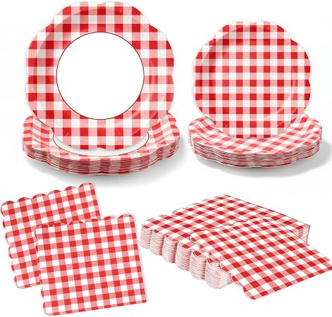 60Pcs Red Gingham Party Supplies, Scalloped Checkered Dessert Paper Plates and Napkins Disposable... | Amazon (US)