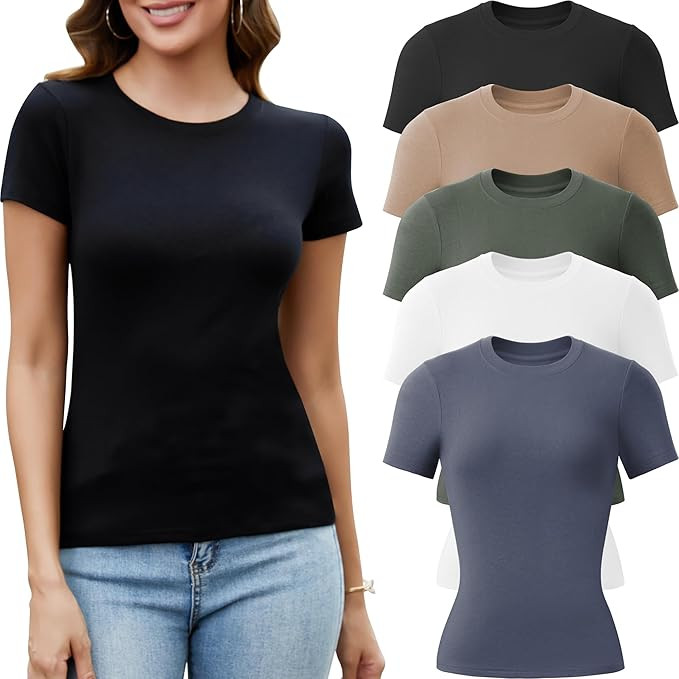 5 Pack Crew Neck T Shirts for Women Daily Casual Womens Fitted Tshirt Basic Tops for Women Stretc... | Amazon (US)