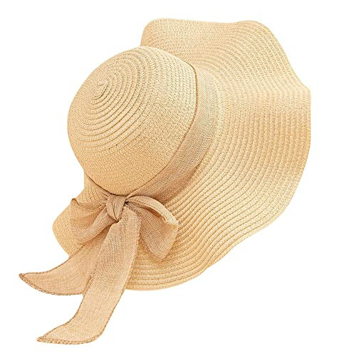 Women Floppy Sun Hat with Wide Brim, Foldable Roll-Up Straw Beach Hat Summer Hat for Travel (Beige) | Amazon (US)