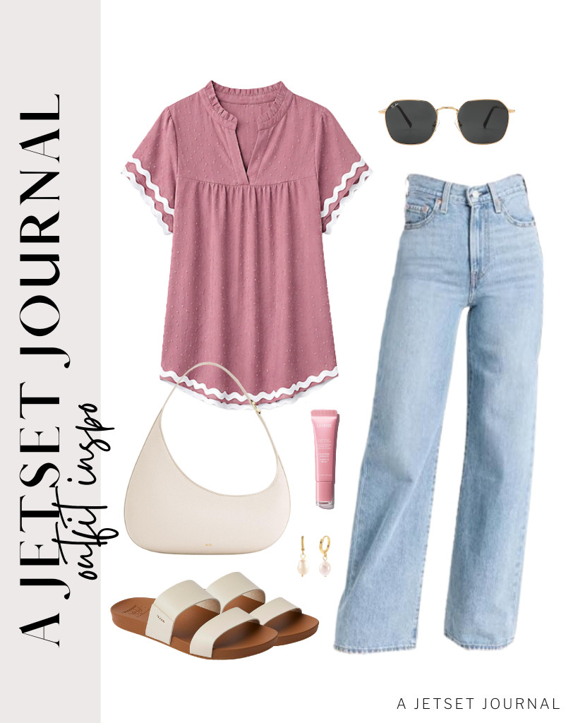 If you have a travel day or road trip coming up, you can pair this chic ruffle-sleeve blouse with wide-leg jeans from Levi’s. Step into these cozy REEF cushion sandals, and grab this trendy shoulder bag to match the look. Style it with these Pro Acme hexagonal sunglasses and apply a LANEIGE lip serum for a neat look.

#LTKSeasonal #LTKSaleAlert #LTKTravel
 

 