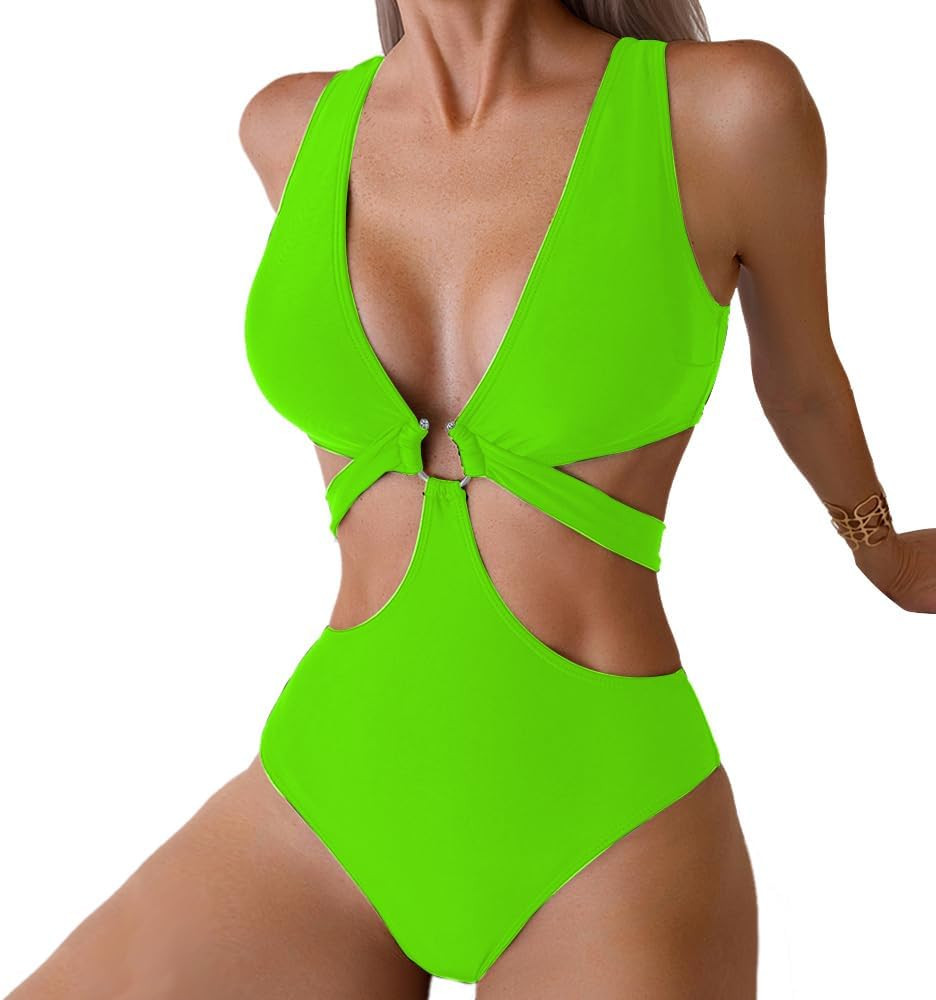 Women's Deep V Neck One Piece Swimsuit O-Ring Swimwear Sexy Cut Out Bathing Suit | Amazon (US)