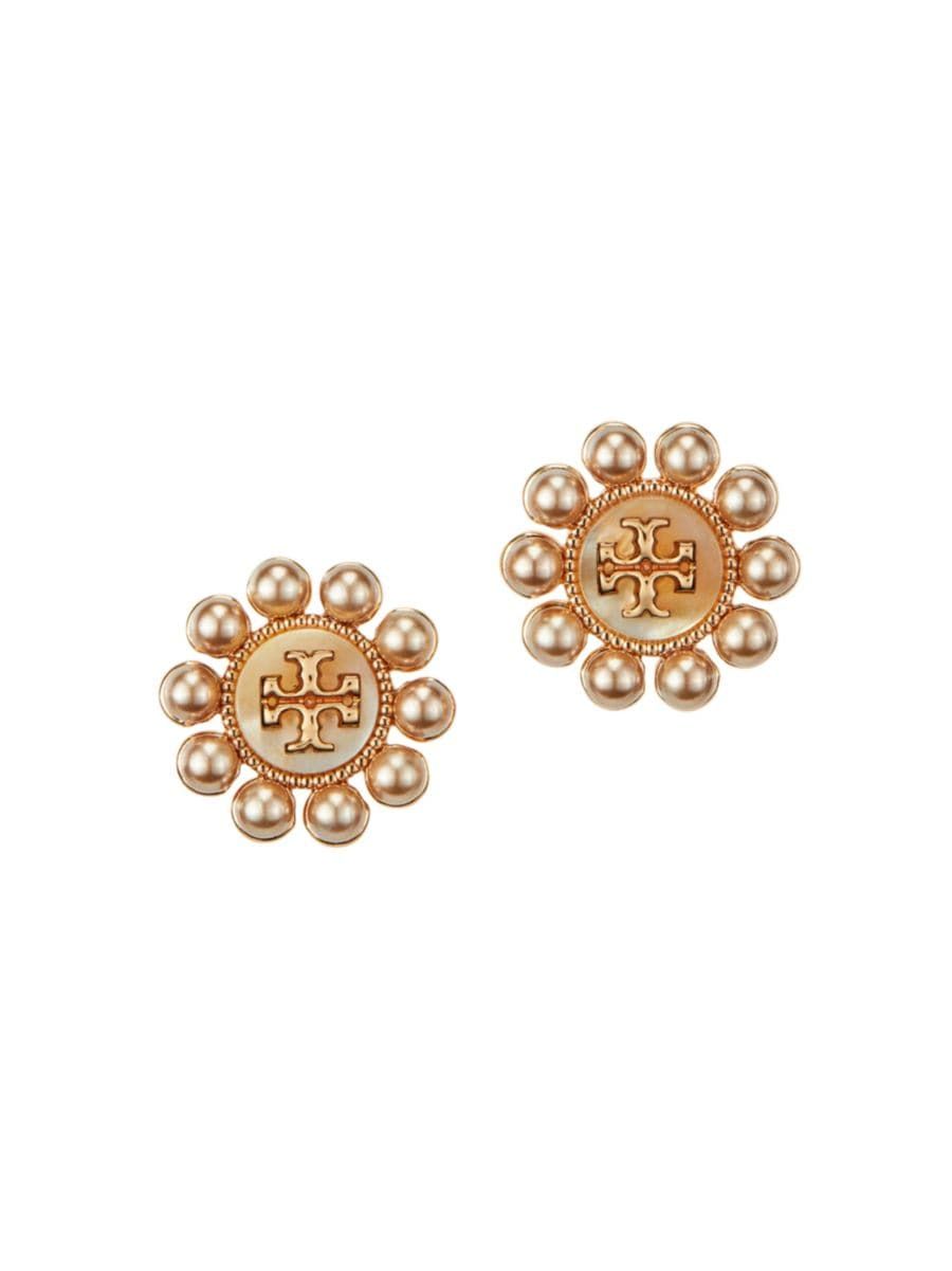Kira 18K-Gold-Plated, Mother-Of-Pearl & Imitation Pearl Logo Stud Earrings | Saks Fifth Avenue