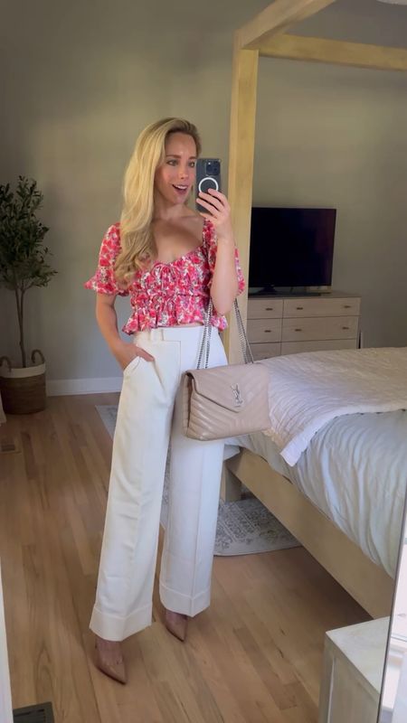 I love this floral print top and white high waist pants trousers crop top floral blouse workwear date night outfit brunch outfit business casual office outfit nordstrom Abercrombie  pants 

#LTKWorkwear #LTKFindsUnder50 #LTKVideo