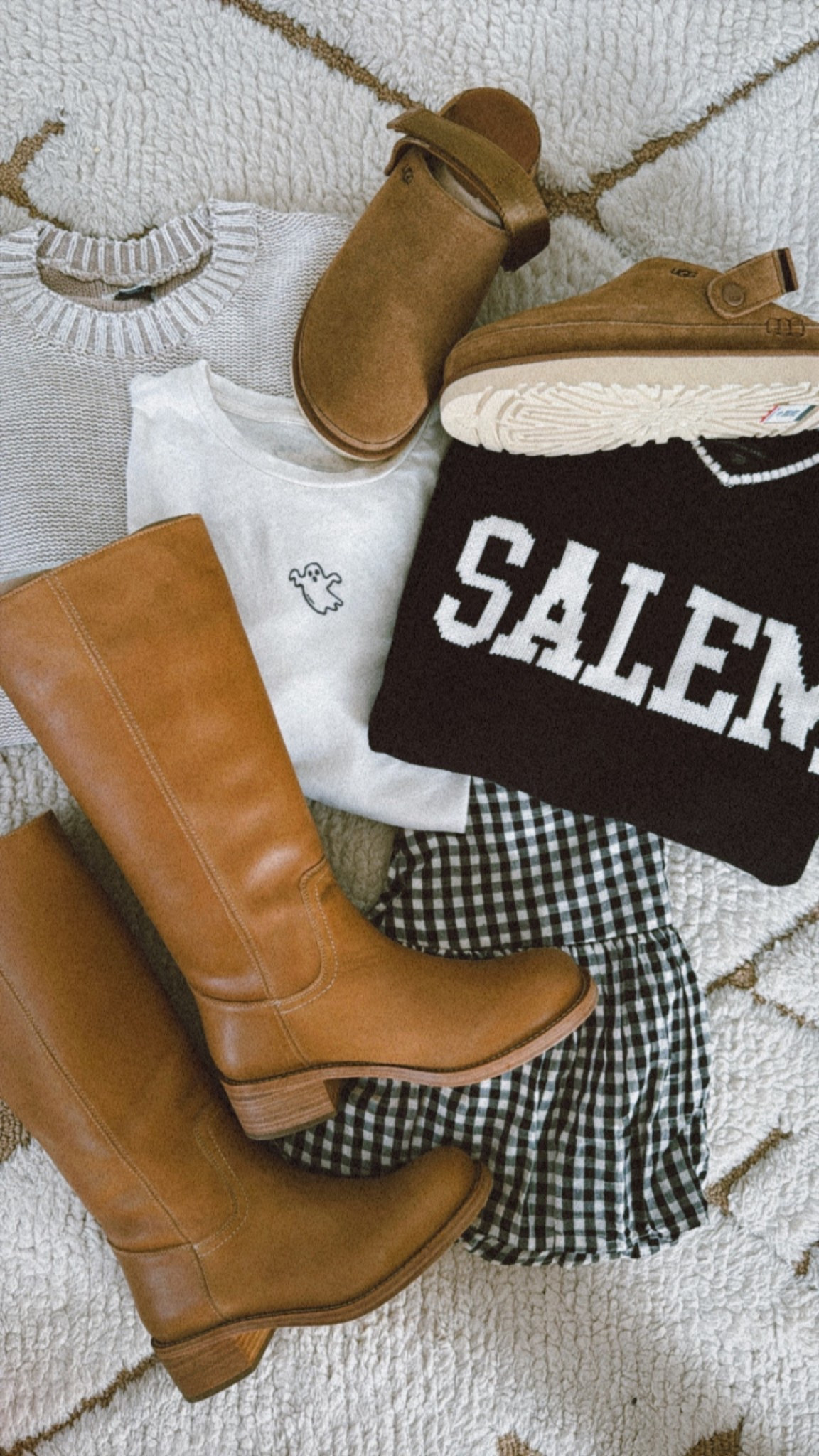 Ready for cozy girl fall 🍁👻👢🕯️

Halloween sweater, Salem sweater, affordable fashion, clogs, Uggs, Frye dupes. Ghost tee, Halloween sweater, gingham skirt, tunic sweater, American Eagle, Ugg, Steve Madden, aerie 