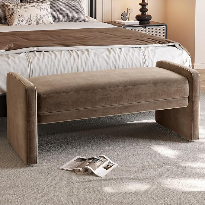 Velvet Upholstered Ottoman Bench with Arms, Modern End of Bed Bench for Bedroom, Entryway Shoe Be... | Amazon (US)