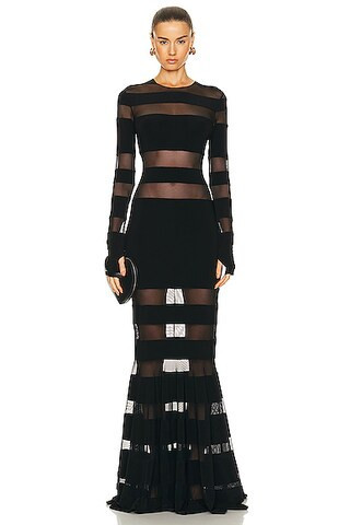 Norma Kamali Spliced Fishtail Gown in Black & Black Mesh - Black. Size XS (also in L, M, S). | FWRD 