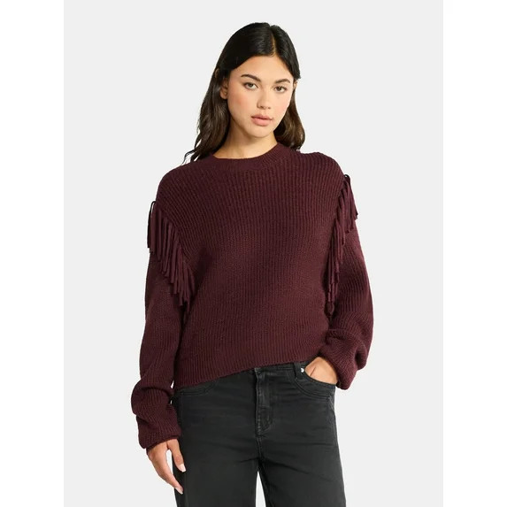 Time and Tru Women's Fringe Pullover Sweater, Midweight, Sizes XS-XXXL - Walmart.com | Walmart (US)