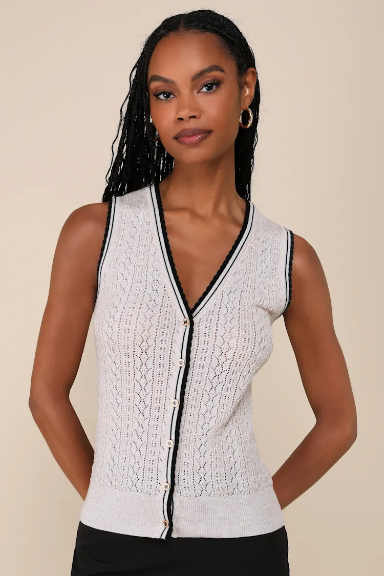 Enhanced Style Beige and Black Pointelle Sweater Vest Top | Lulus