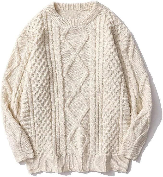 Women Cable Knit Vintage Chunky Sweater Loose Casual Knitted Sweater Unisex Woven Crewneck Knitte... | Amazon (US)