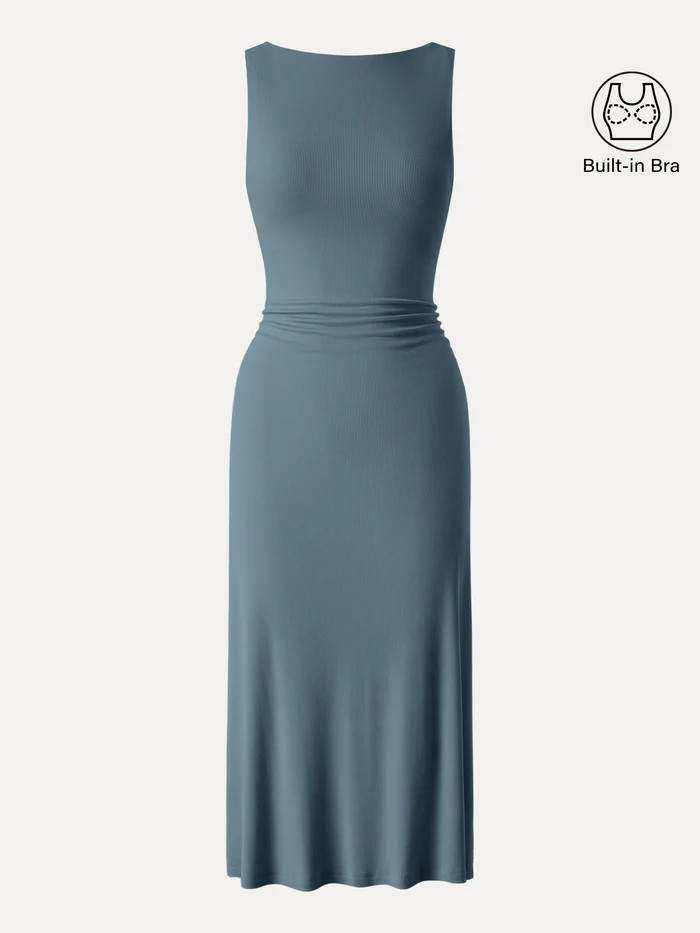 Boatneck Side Ruched New Airy Brami Midi Dress | OGL