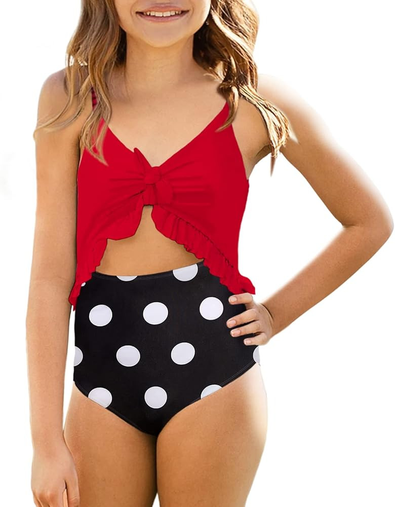 Saodimallsu Girls One Piece Cutout Ruffle Swimsuits Kids Floral High Waisted Tie Front Bathing Su... | Amazon (US)