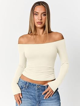 Trendy Queen Womens Long Sleeve Off The Shoulder Tops Going Out Cute Basic Y2K Fall Fashion 2026 ... | Amazon (US)