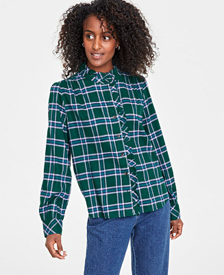 On 34th Women's Festive Plaid Ruffle-Neck Flannel Shirt, Created for Macy's - Macy's | Macy's
