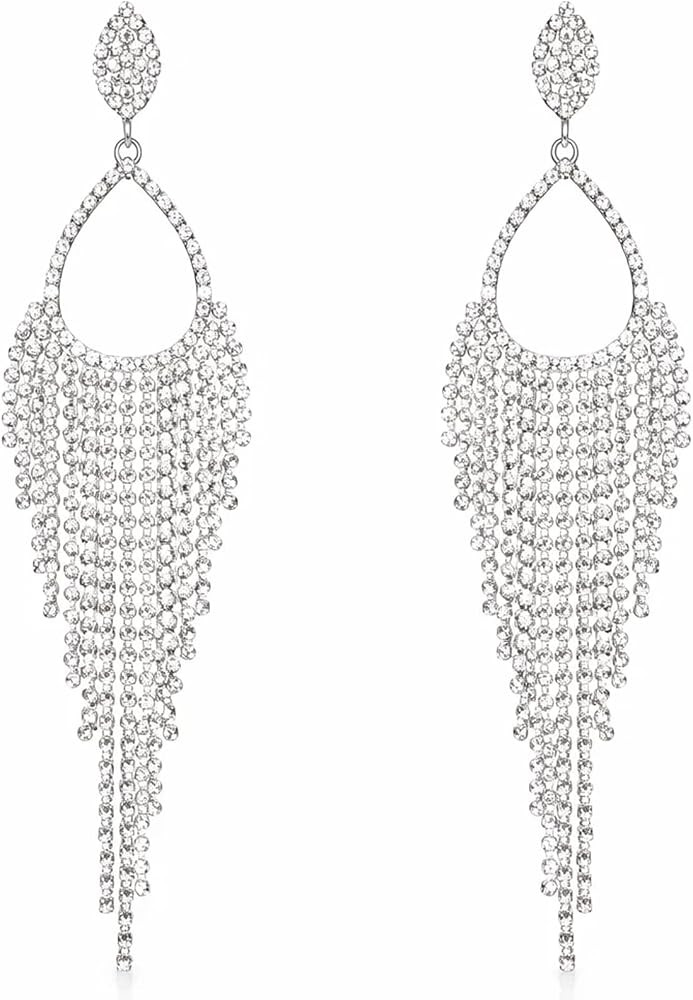 Silver Chandelier Earrings for Women - 2 Pairs Rhinestone Tassel Drop Earrings, Perfect for Party, Wedding & Formal Occasions | Amazon (US)