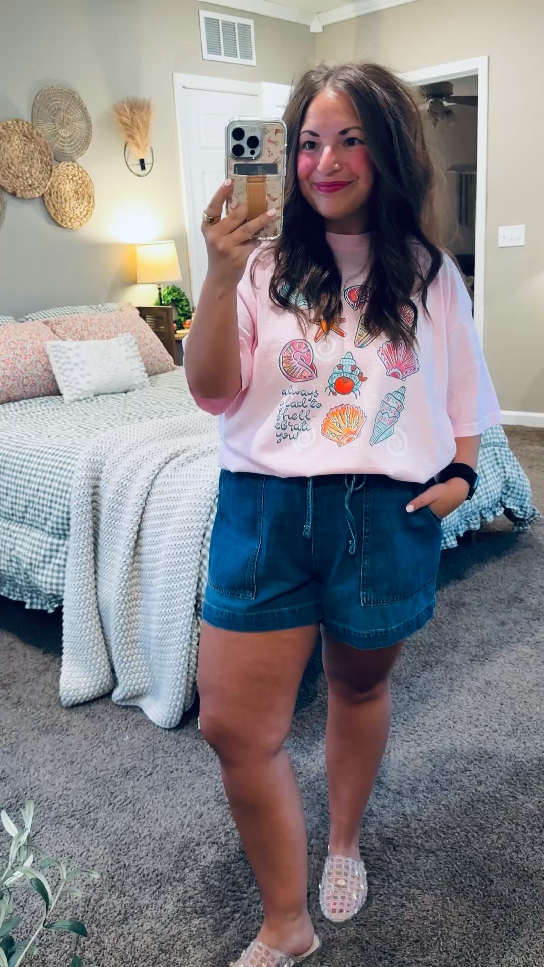 jelly flats: fit true to size // wearing a 5 (surprisingly comfy)
soft denim shorts: fit true to size // wearing a large
tee: fits true to size // wearing a large (comfort colors)

tee: https://www.3edesignsco.com/summer/p/always-glad-to-shell-ebrate-you-comfort-colors 

 