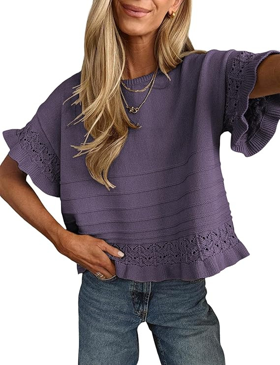Yeokou Womens Short Sleeve Sweater Round Neck Ruffled Hem Knit Crochet Pullover Summer Fall Casua... | Amazon (US)