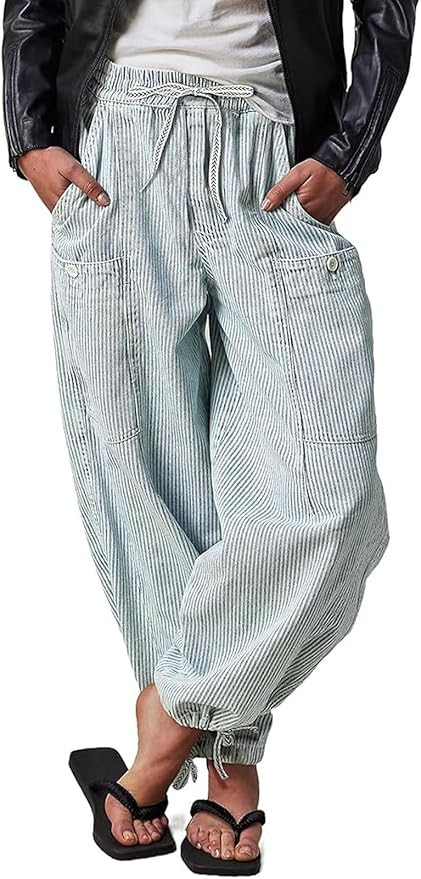 Women Striped Barrel Jeans Baggy Wide Leg Denim Pants Patchwork Elastic Waist Pinstripe Drawstrin... | Amazon (US)