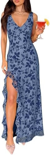 ANRABESS Womens Sexy V Neck Sleeveless Wedding Guest Dresses Spring Mesh Bodycon High Slit Ruffle... | Amazon (US)