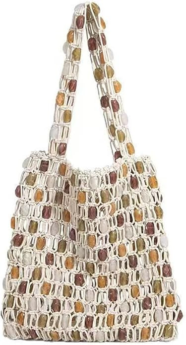 Boho Crochet Shoulder Bag for Women Colorful Stone Beaded Beach Tote Handbag Lightweight Knit Hob... | Amazon (US)