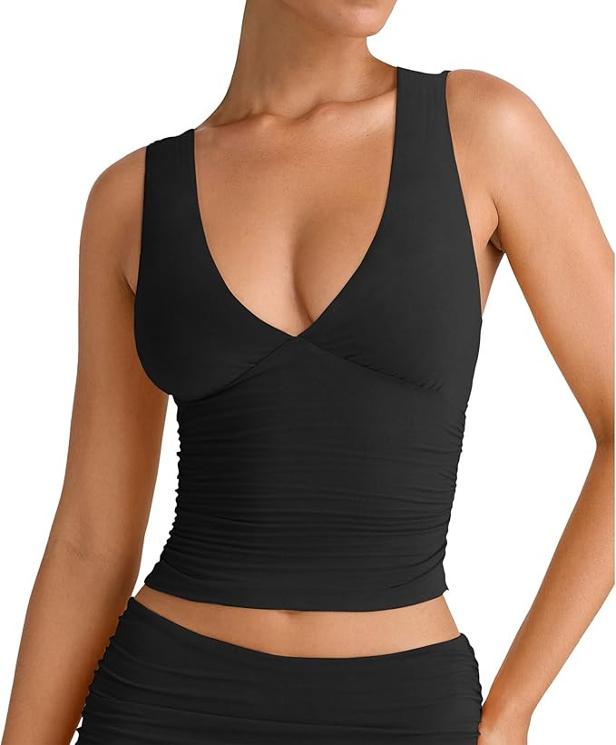 YFANG Women's Summer Deep V-Neck Ruched Crop Tank Top Sexy Sleeveless Double Lined Crop Top | Amazon (US)