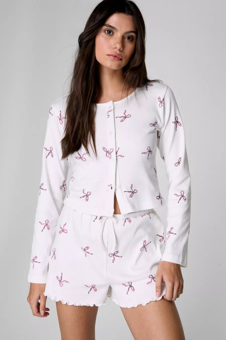 Cotton Bow Rib Lettuce Edge Pajama Shorts | Nasty Gal US