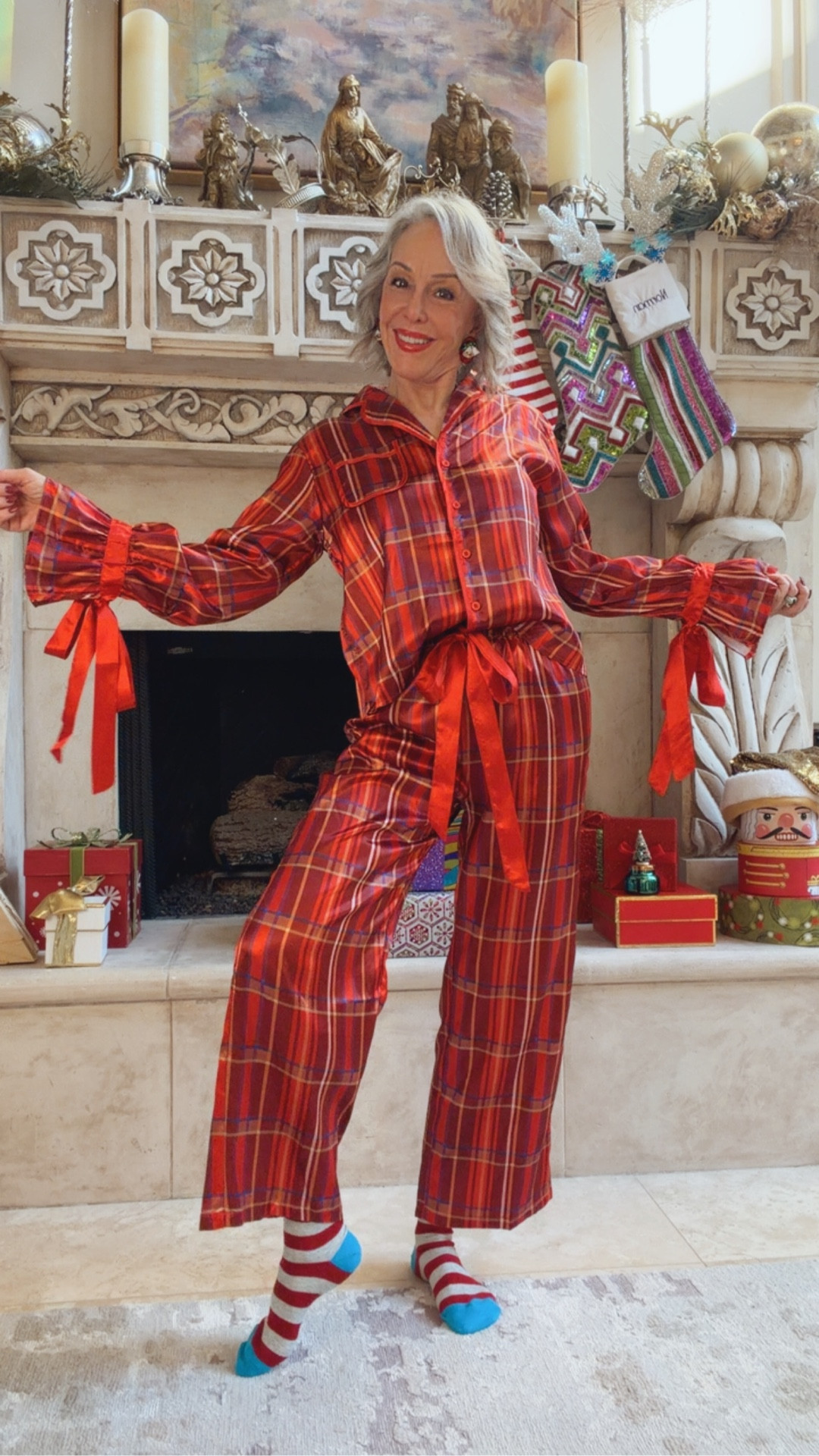 Christmas pajamas with bows and ostrich feathers. Christmas plaid They run true to size. Perfect to start new Christmas traditions with family or friends. 

#LTKHoliday #LTKOver40 #LTKFindsUnder50
