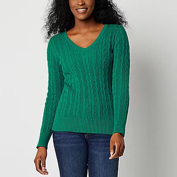 St. John's Bay Womens V Neck Cable Knit Pullover Sweater | JCPenney