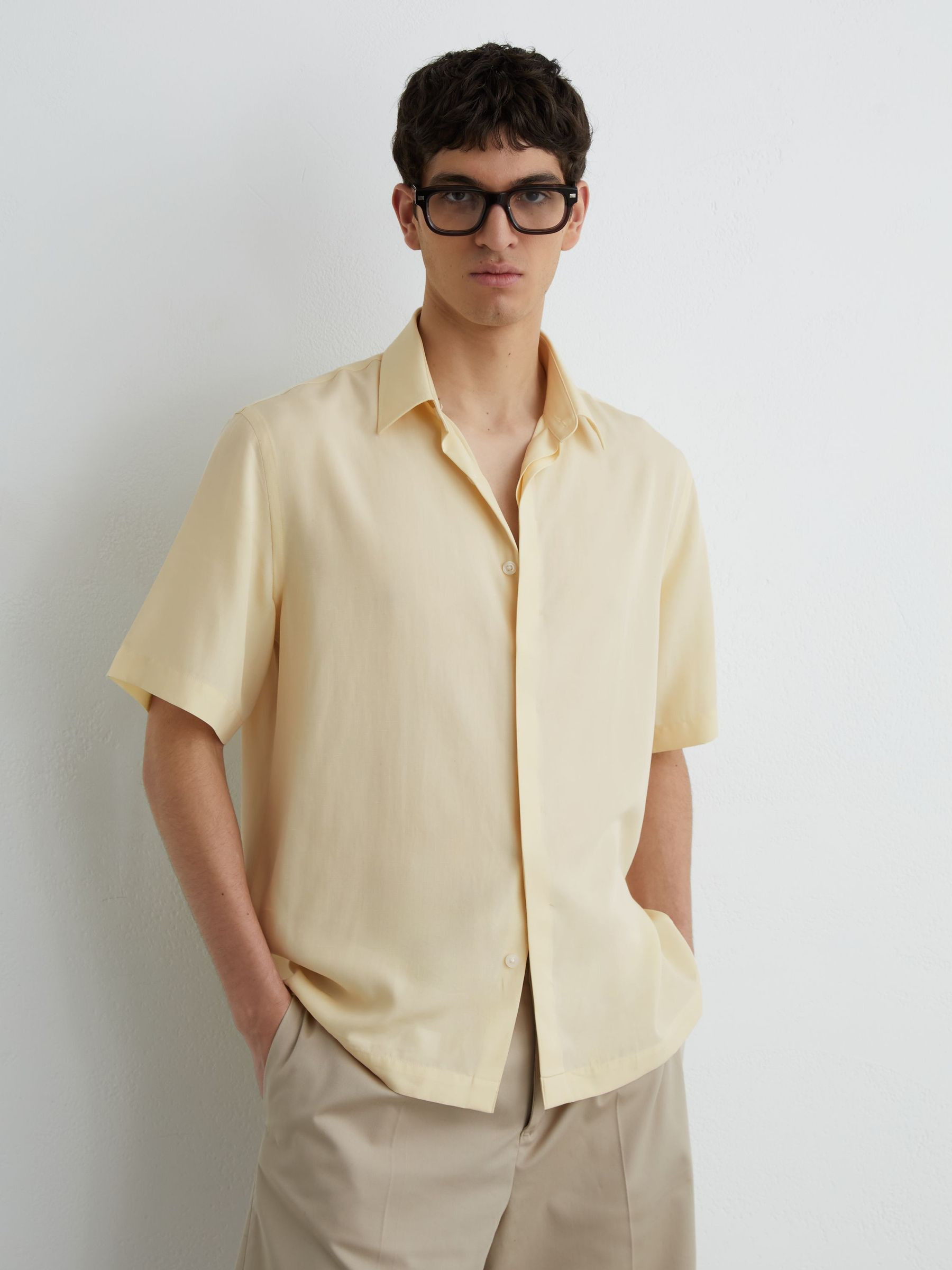 Reiss Lyocell-Linen Short-Sleeve Shirt in Lemon Yellow | REISS | Reiss US