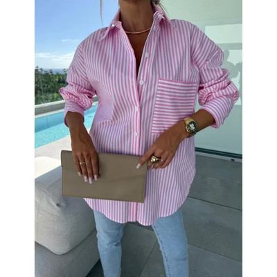 Striped Button Down Shirt for Women Oversized Long Sleeve Fall Top Casual Loose Work Blouse with Chest Pocket Pink S | Target
