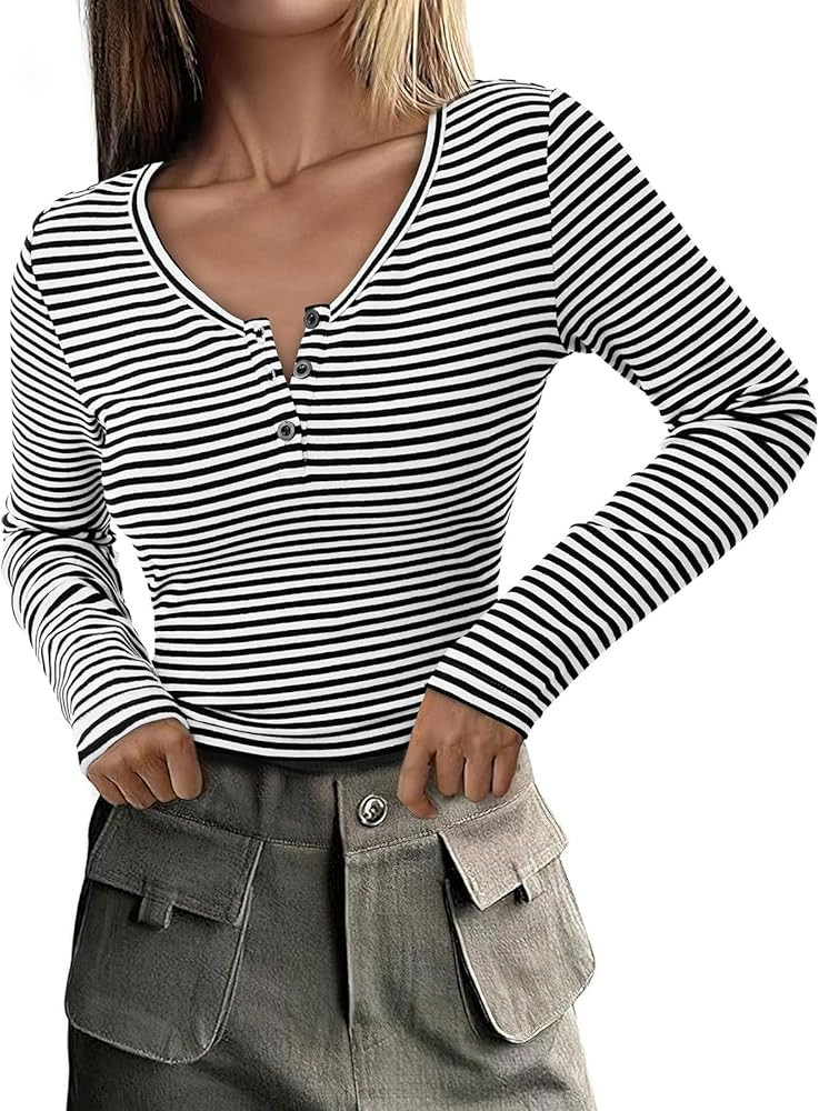 PRETTYGARDEN Women's Long Sleeve Striped Henley Crop Tops Casual Slim Fit T-Shirts Button Down V ... | Amazon (US)