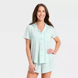 Women's Short Sleeve Notch Collar Shirt and Shorts Pajama Set - Auden™ Mint M | Target