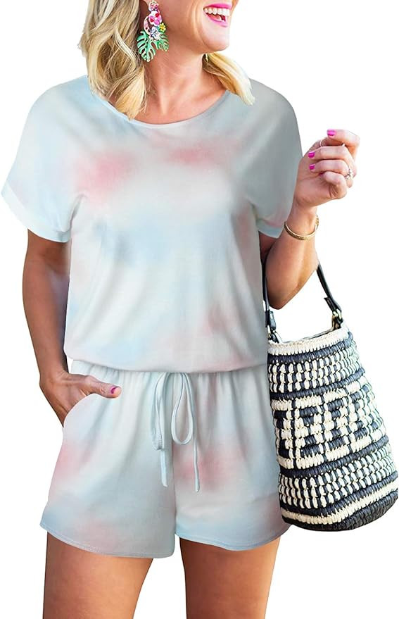 ANRABESS Women's Summer Short Sleeve Striped Jumpsuit Rompers with Pockets Short Pant Rompers Paj... | Amazon (US)