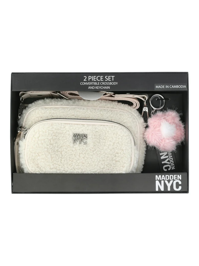 Madden NYC Women's Faux Shearling Camera Handbag with Charm Keychain, Cream | Walmart (US)