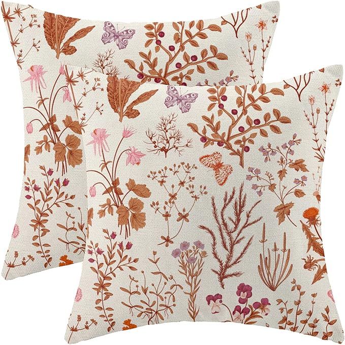AEIOAE Fall Pillow Covers 20x20 Inch Set of 2,Burnt Orange Wild Flower Plant Throw Pillows Case,A... | Amazon (US)