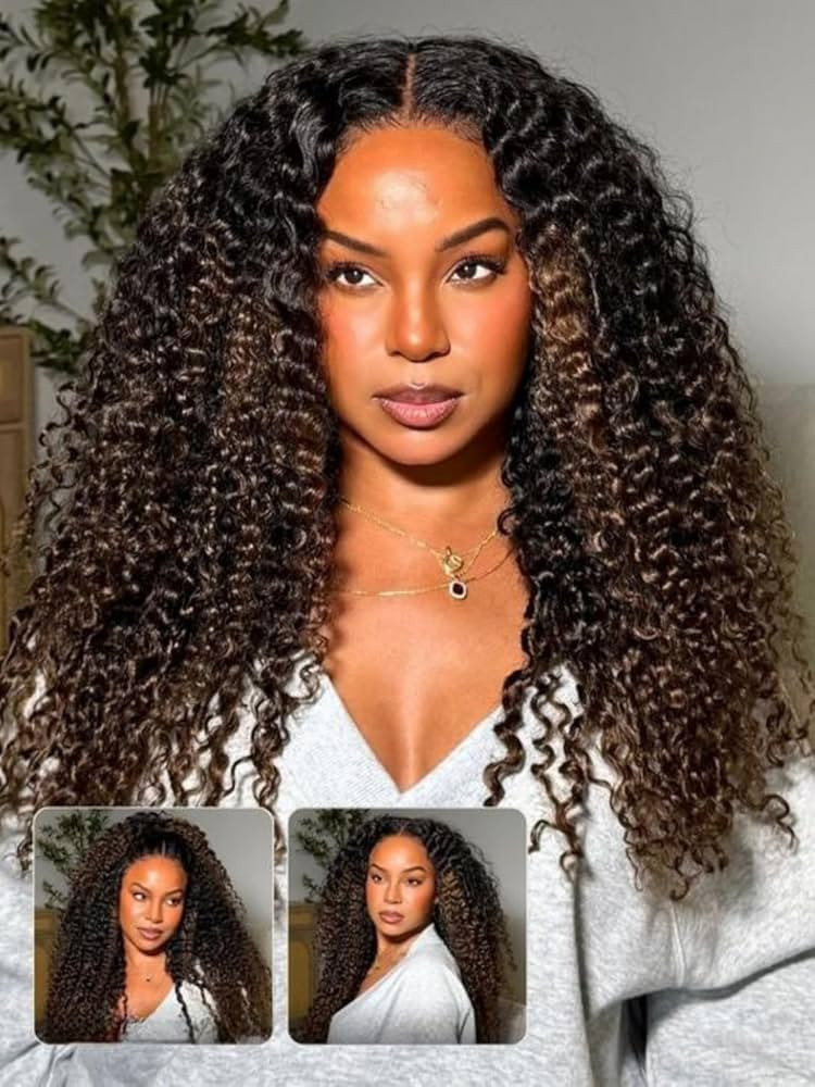 Nadula 7x5 No Slip Chestnut Brown Ombre Burmese Curly Drawstring Wig Human Hair with Finger Coil ... | Amazon (US)