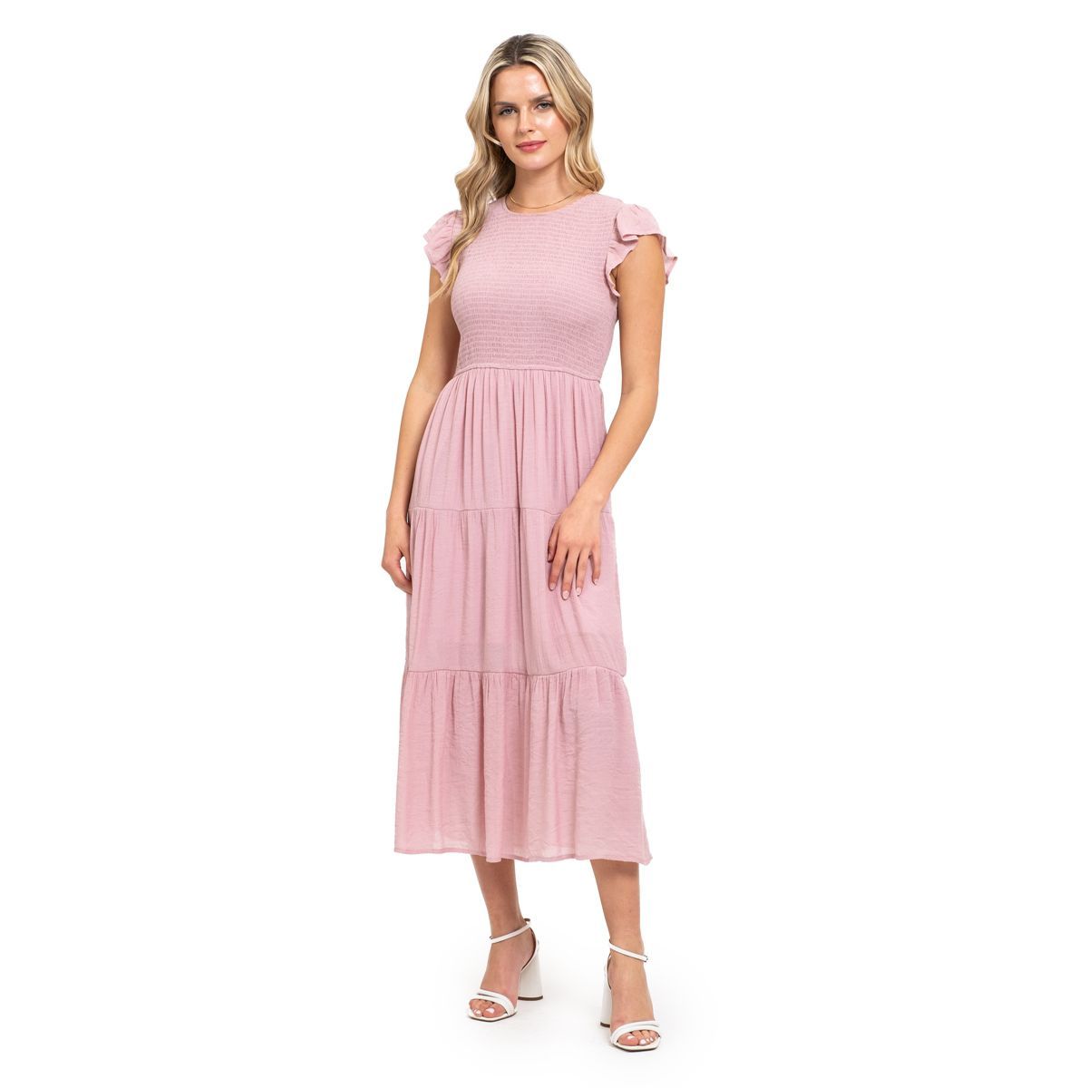 August Sky Women`s Smocked Ruffle Sleeve Tiered Midi Dress | Target