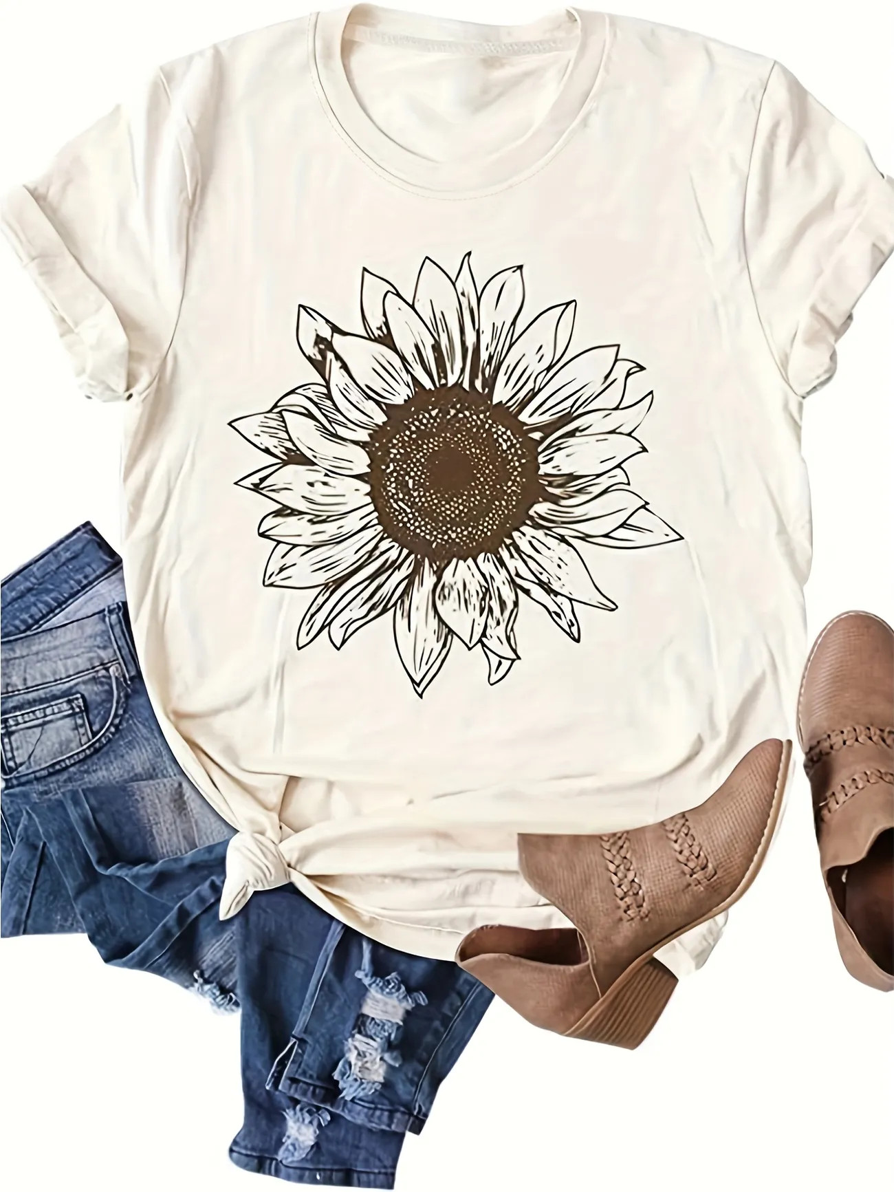 Sunflower Print T-shirt, Casual Crew Neck Short Sleeve T-shirt, Women's Clothing | Temu Affiliate Program