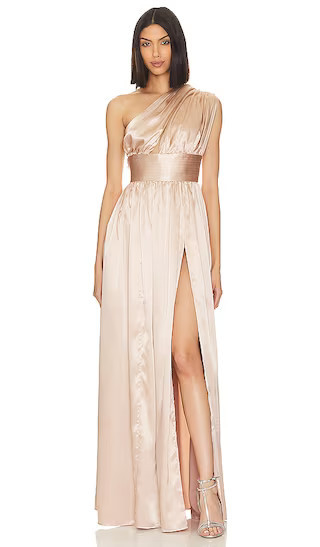 X Revolve Camilla Gown in Champagne Gold Dress Champagne Bridesmaid Dress Tan Dress Blush Dress | Revolve Clothing (Global)