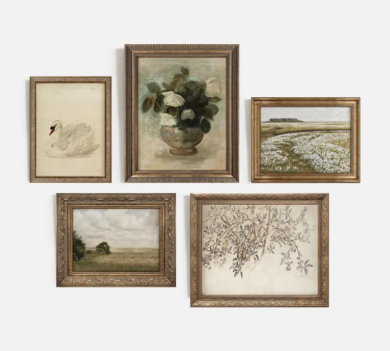 FRAMED Vintage Gallery Wall Set, Print Set of 5, Rustic Farmhouse Decor, Dark Moody Wall Set, Hom... | Etsy (US)