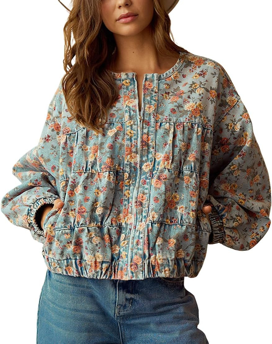 chouyatou Women Fall Oversized Floral Jean Jacket Trendy Zip Denim Jacket | Amazon (US)