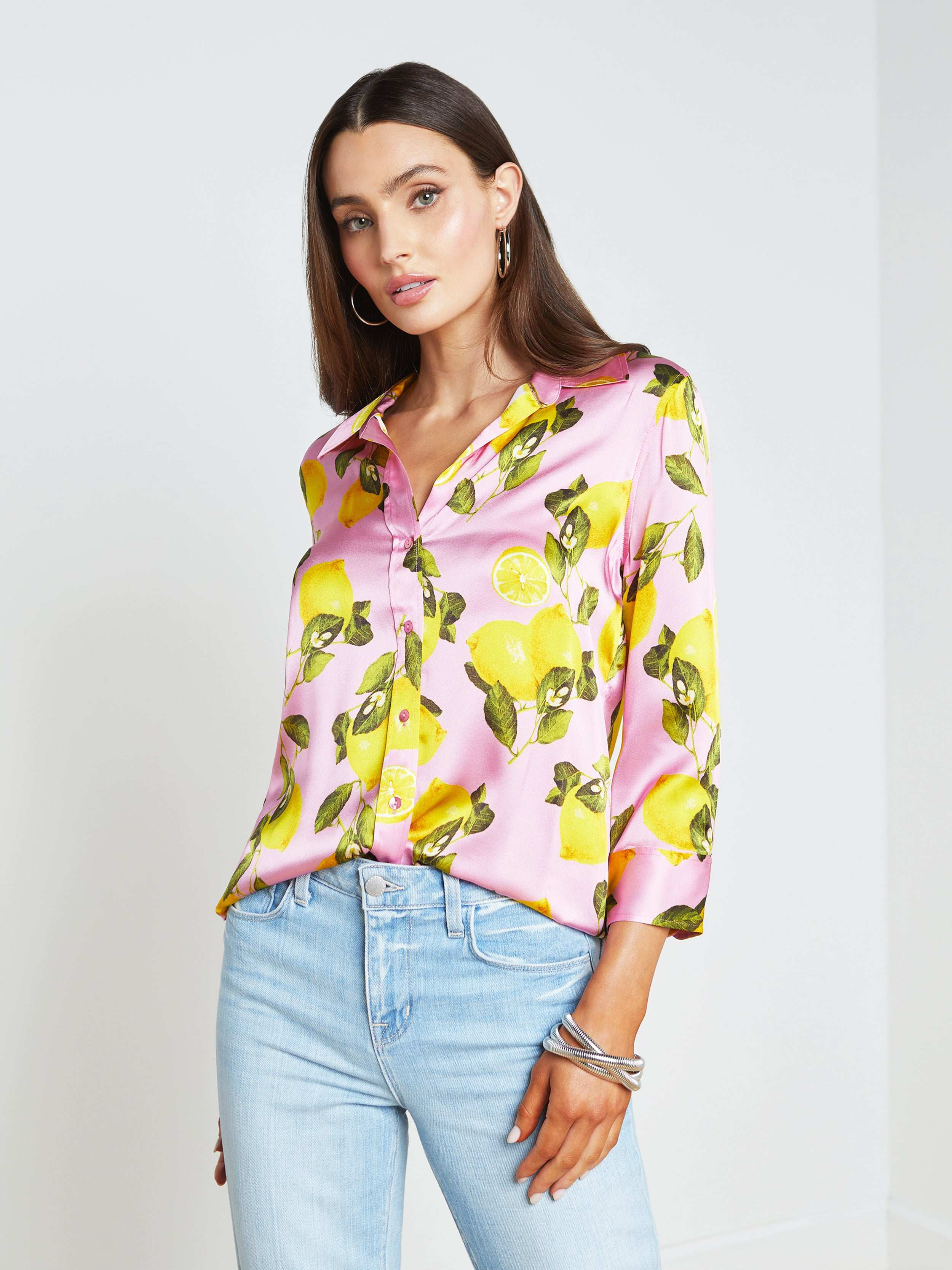 L'AGENCE - Dani 3/4 Sleeve Silk Blouse in Cotton Candy Multi Lemon | L'Agence
