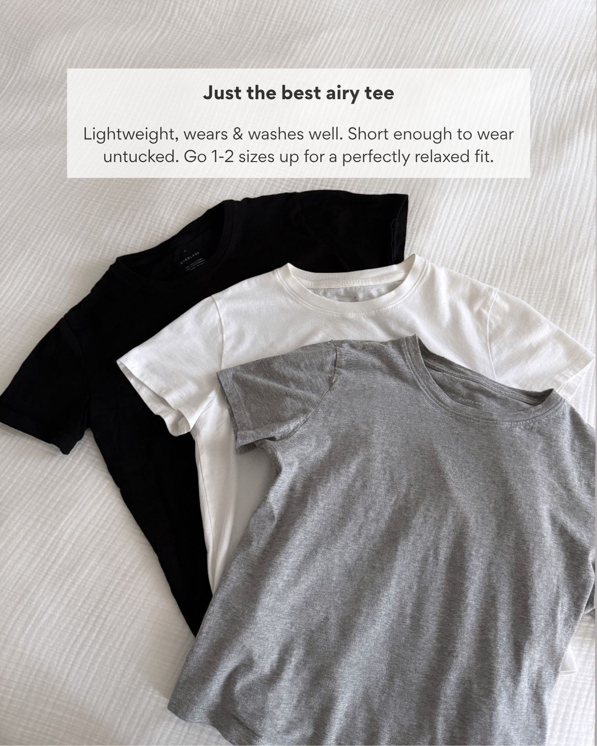 Grabbing a backup before quality potentially changes. 3 longtime good staples for me:
1. Light layering Tees-size up to XS in the cotton tees for layering under sweaters and Small for wearing standalone
2. Silky cotton shirt I’m XXs . So nice and lightweight for summer with relaxed fit. Much less stiff compared to regular cotton button downs.
3. Cashmere boxy crew I am in XXS. Nice lighter weight, drapey and Petite friendly.
￼