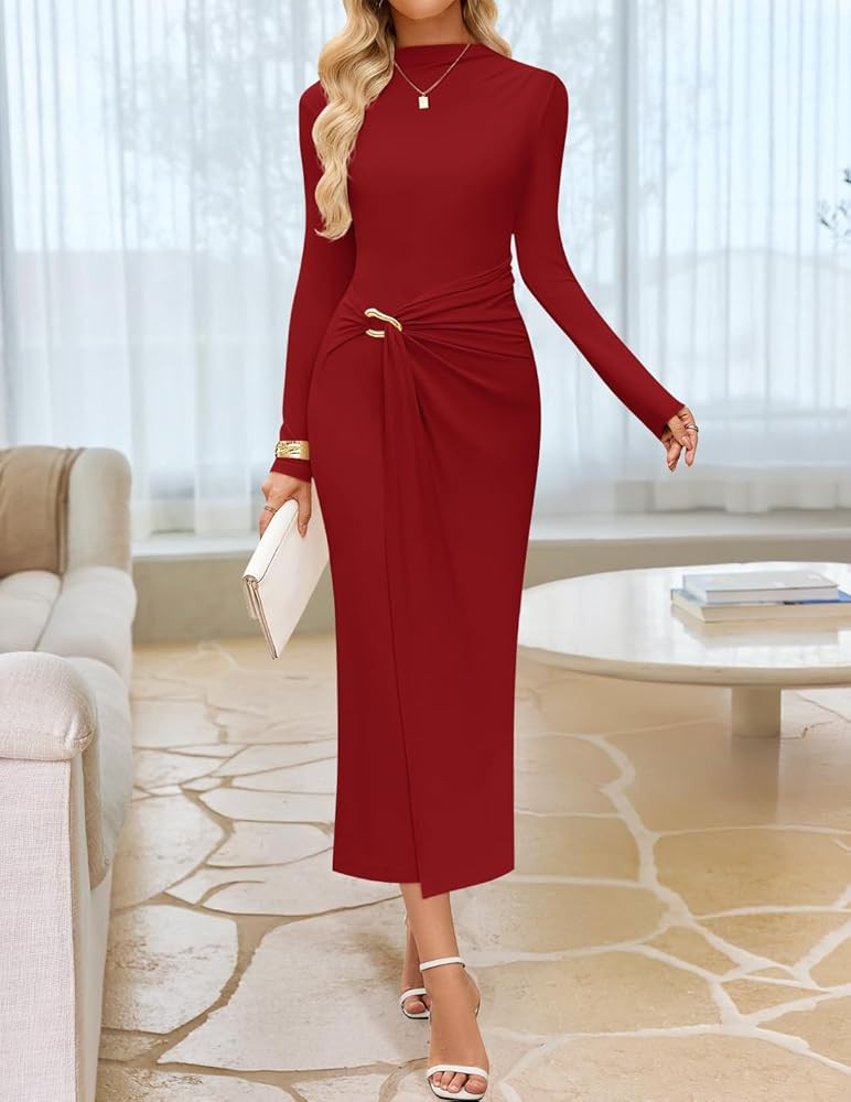 ZESICA Women's 2026 Spring Long Sleeve Bodycon Dress Mock Neck Wedding Guest Cocktail Party Long ... | Amazon (US)