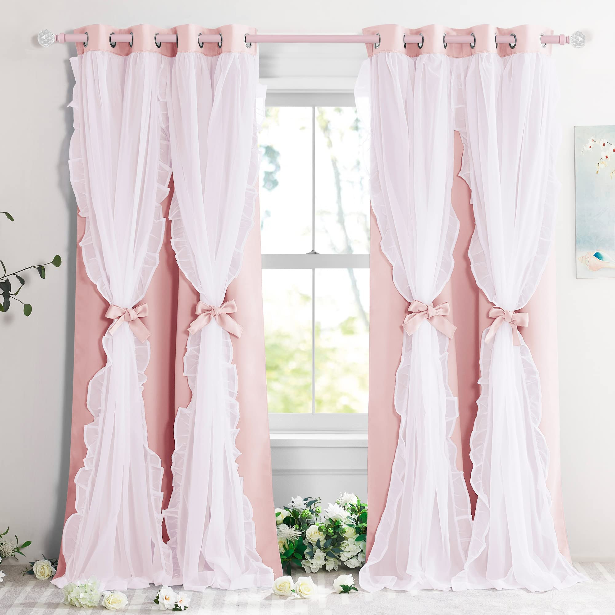 PONY DANCE Girls Curtains for Bedroom Decorative Drapes for Kids Double Layer Curtain Ruffle Shee... | Amazon (US)