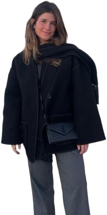 Women's tassel scarf wool coat two-piece set loose button open top wool coat jacket | Amazon (US)