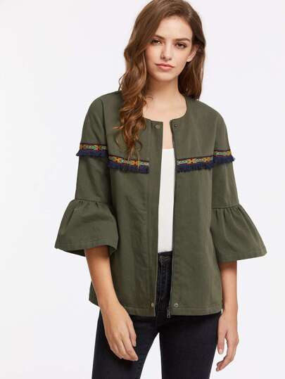 Embroidery Fringe Tape Detail Fluted Sleeve Jacket | SHEIN