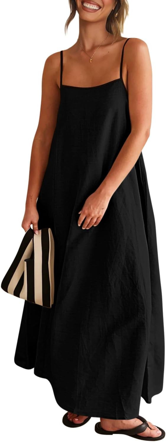 Senllen Women's Linen Dress Summer Loose Flowy Sundress Contrast Spaghetti Strap Sleeveless Backl... | Amazon (US)